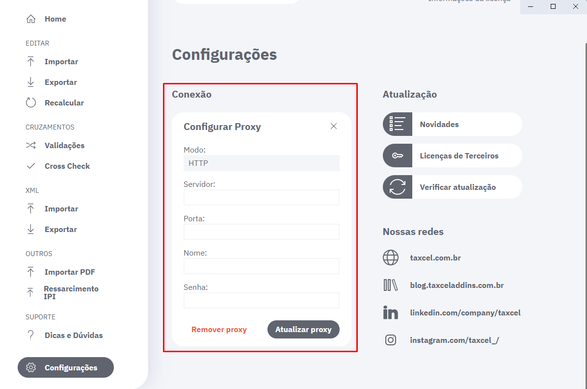 Configurar a conexão do Servidor Proxy